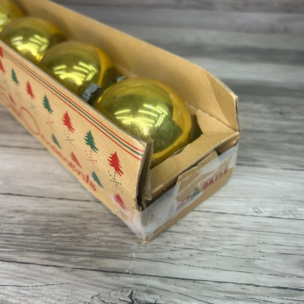 Vintage Shiny Brite Glass GOLD Christmas Ornaments in Original Box